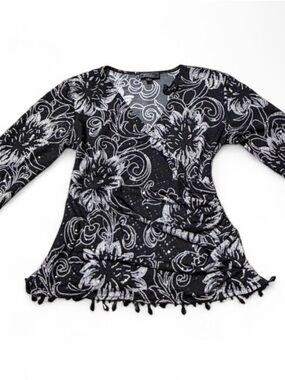 Vintage Collections Dressbarn Black Silver Floral Sequin Wrap Tassel Hem Top